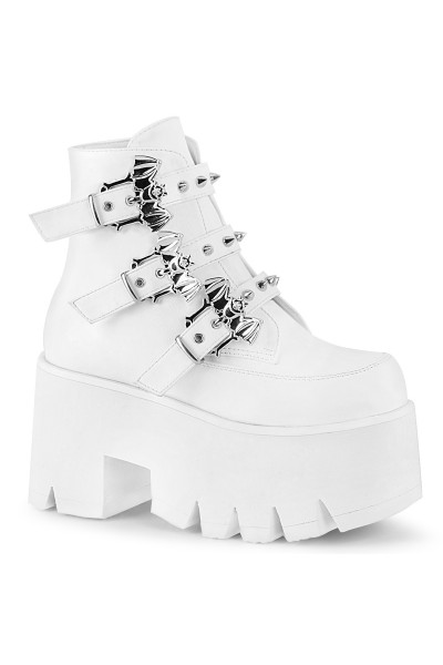 Ashes Bat Buckled White Ankle Boots