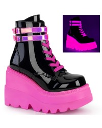 Black and Neon Pink Wedge Heel Womens Ankle Boots