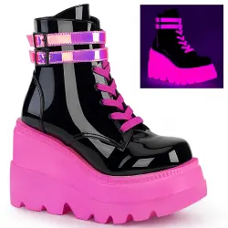 Black and Neon Pink Wedge Heel Womens Ankle Boots