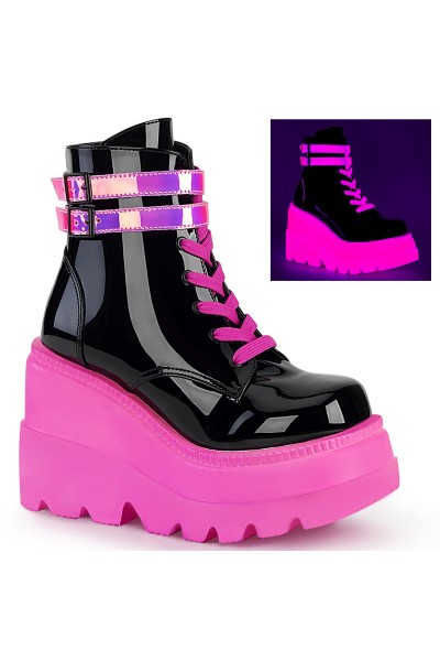 Black and Neon Pink Wedge Heel Womens Ankle Boots