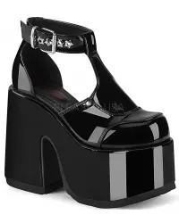 Camel Black Patent Platform T-Strap Pumps
