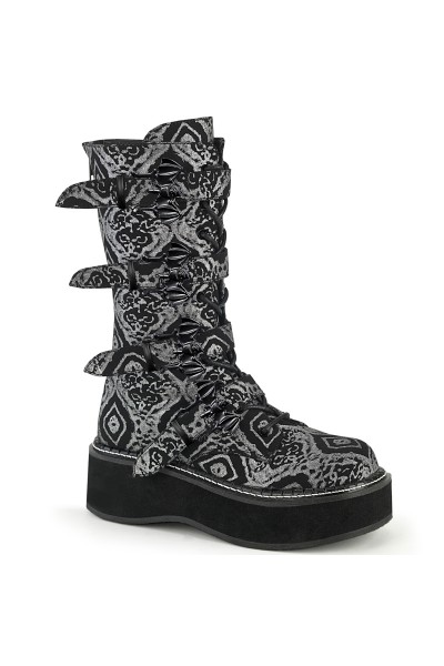 Emily Black and Silver Print Bat Buckled Boots