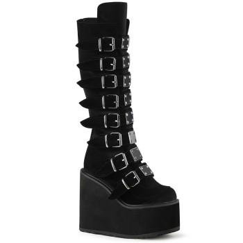 Black Velvet Swing Buckled Womens Platform Boots