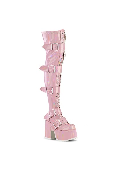 Pink Hologram Chunky Platform Thigh High Boots