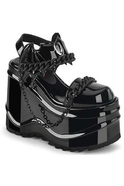 Wave Platform Black Patent Chained Bat Platform Sandal