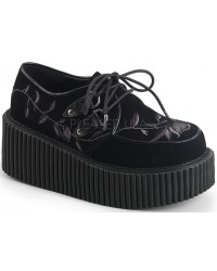 Embroidered Floral Black Faux Suede Womens Creeper