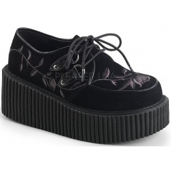 Embroidered Floral Black Faux Suede Womens Creeper