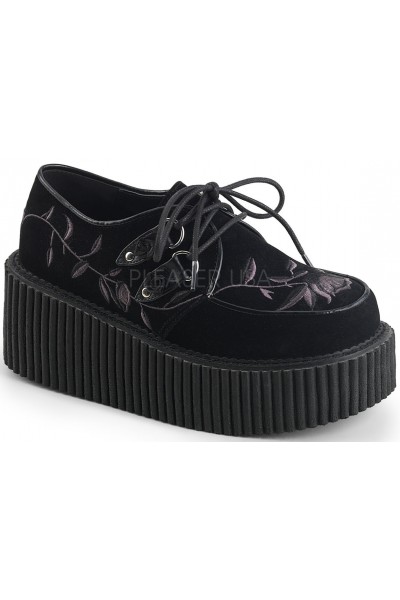 Embroidered Floral Black Faux Suede Womens Creeper