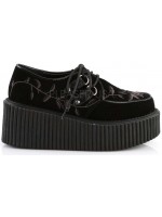 Embroidered Floral Black Faux Suede Womens Creeper