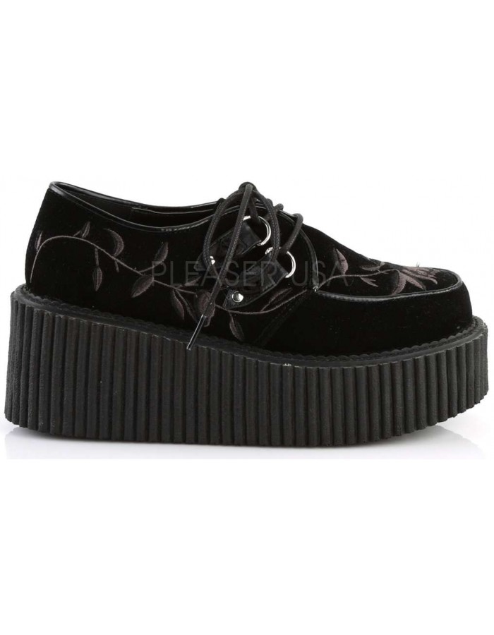 Embroidered Floral Black Faux Suede Womens Creeper 219 Loafers
