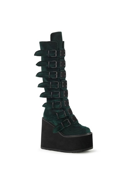 Emerald Green Velvet Swing Buckled Womens Platform Boots