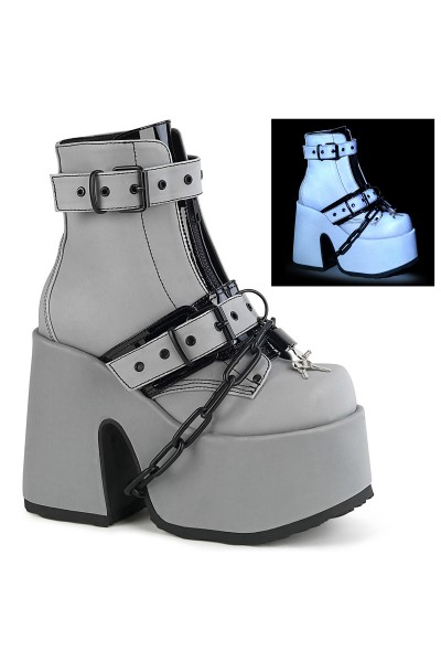 Grey Reflective Chained Camel Chunky Heel Platform Boots