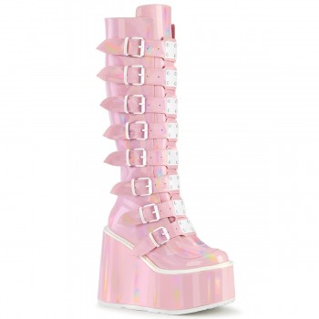 Swing Buckled Pink Hologram Womens Platform Boots