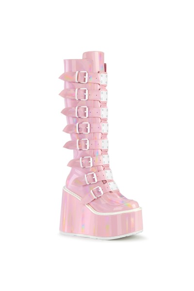 Swing Buckled Pink Hologram Womens Platform Boots