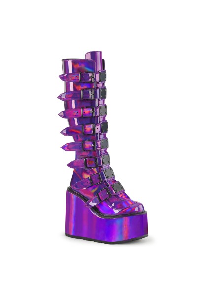 Swing Buckled Purple Hologram Womens Platform Boots