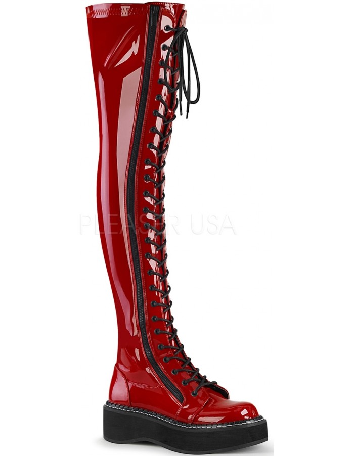 Women's Black/Red Patent Leather Over Knee Boots Zip Up High Heel Platform Shoes