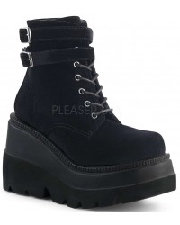 Shaker 52 Black Velvet Stacked Wedge Ankle Boots