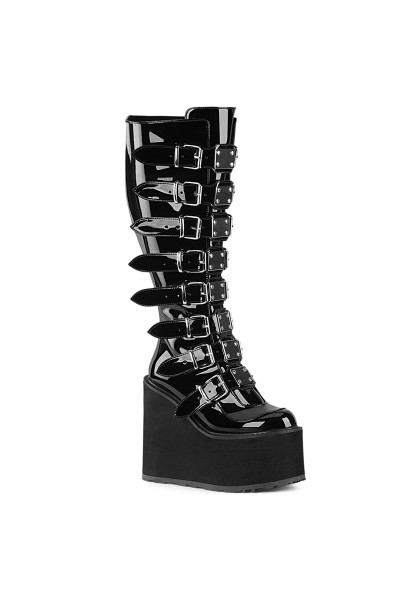 Swing Wide Calf Black Patent Platform Knee Boot