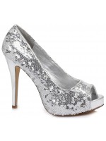 Silver Flamingo Sequin Peep Toe Pumps