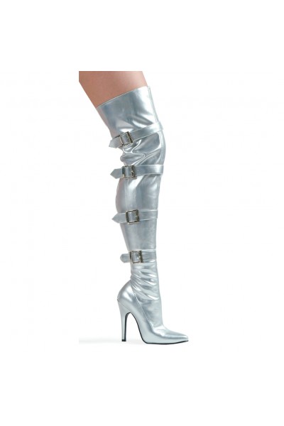 Buckle Up Silver Thigh High 5 Inch Heel Boot