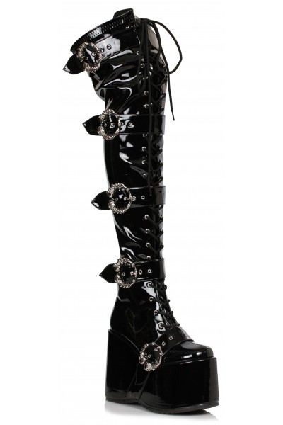 Kamora Skull Buckled Black Thigh High Platform Boot 