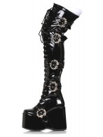 Kamora Skull Buckled Black Thigh High Platform Boot 