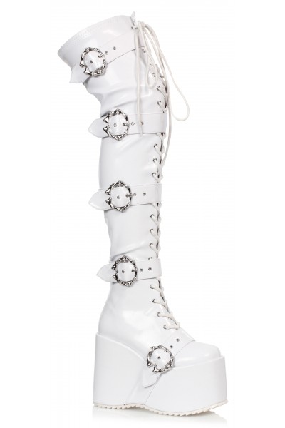 Kamora Bone Buckled White Thigh High Platform Boot 