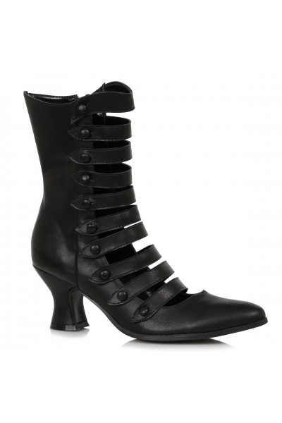 Victorian Open Front Low Heeled Ankle Boots - Black