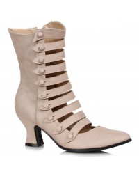 Victorian Open Front Low Heeled Ankle Boots - Beige