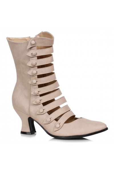 Victorian Open Front Low Heeled Ankle Boots - Beige