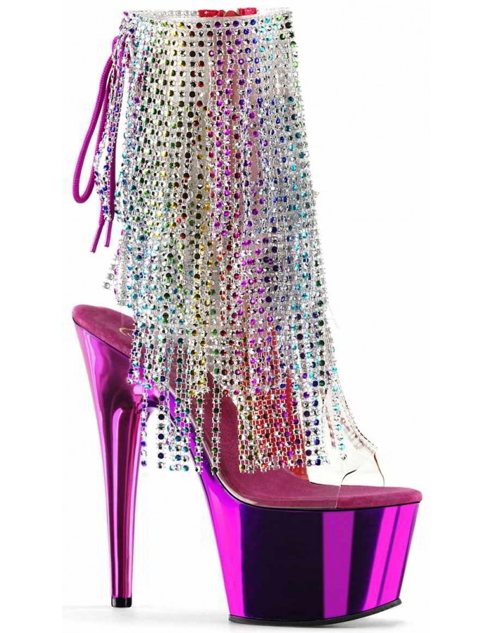 Hot Pink Rhinestone Fringe Platform Ankle Boot 7 Inch Heel Open Heel Toe