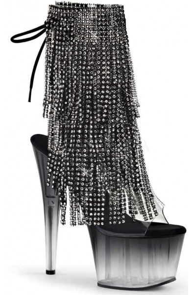 Black Rhinestone Fringe 7 Inch Heel Ankle Boots