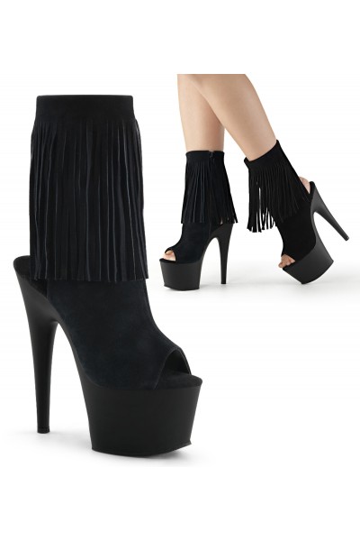 Fringed Black Suede Peep Toe and Heel Platform Ankle Boots