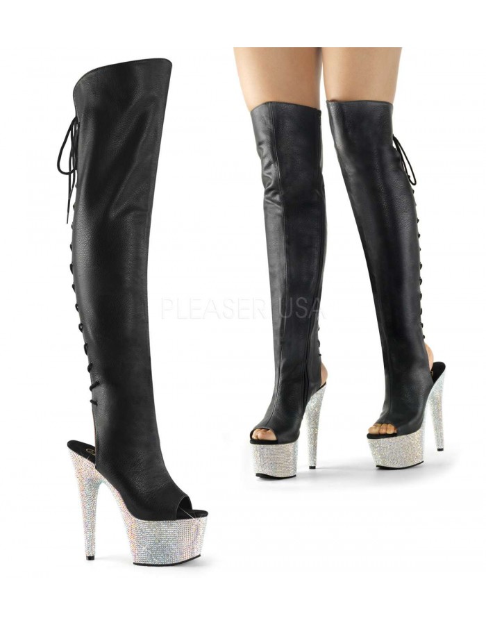 black peep toe thigh high heeled boots