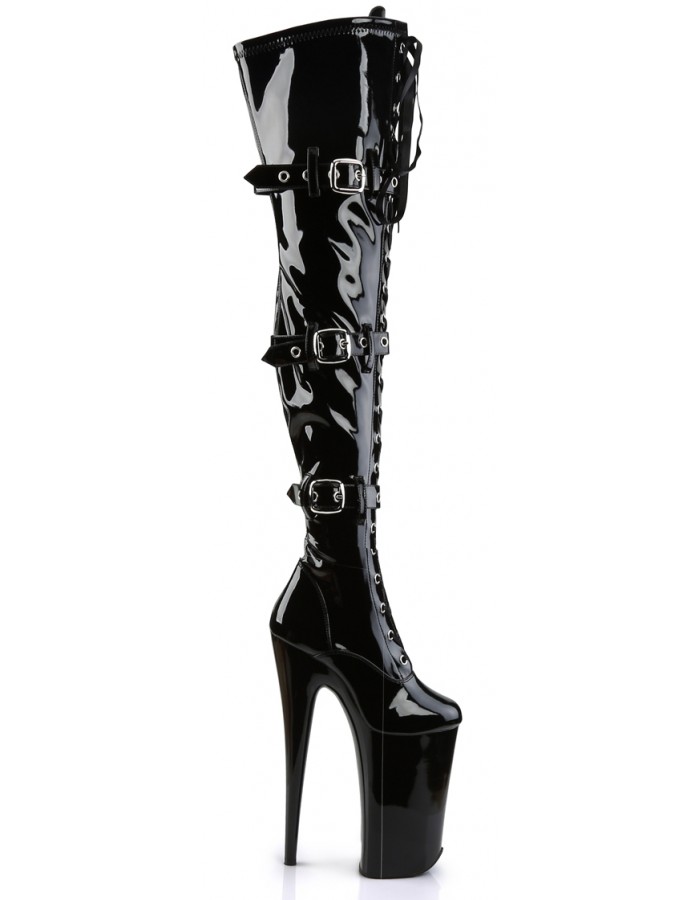 Beyond Buckled Thigh High 10 Inch Platform Boots - Black Patent