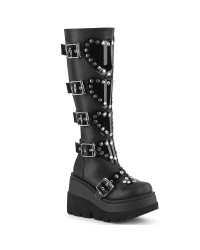 Buckled Heart Shield Black Gothic Wedge Knee Boots