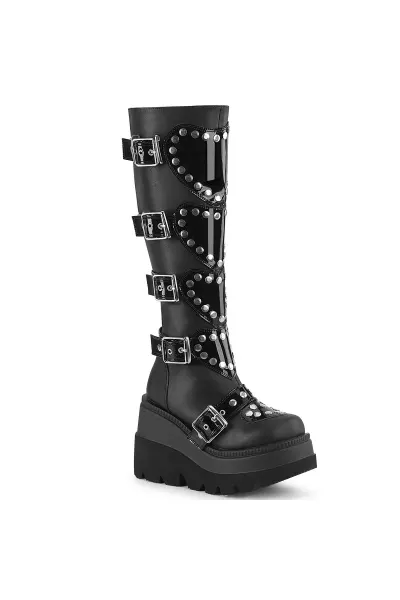 Buckled Heart Shield Black Gothic Wedge Knee Boots