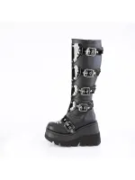 Buckled Heart Shield Black Gothic Wedge Knee Boots