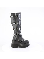 Buckled Heart Shield Black Gothic Wedge Knee Boots