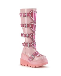 Buckled Heart Shield Pink Gothic Wedge Knee Boots