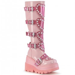 Buckled Heart Shield Pink Gothic Wedge Knee Boots