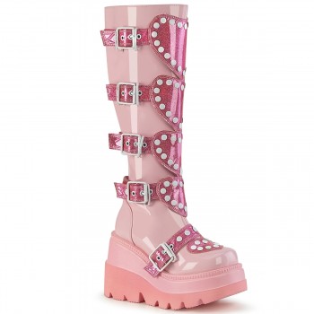 Buckled Heart Shield Pink Gothic Wedge Knee Boots