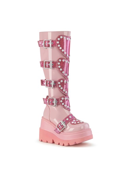 Buckled Heart Shield Pink Gothic Wedge Knee Boots