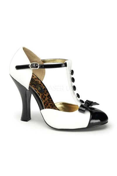 Button T-Strap White and Black Pump