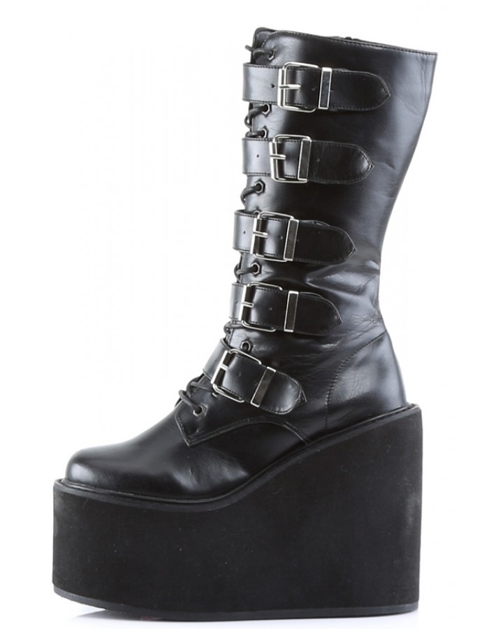 Buckled Lace Up Front Womens Platform Mid Calf Boot - Demonia Swing Boots