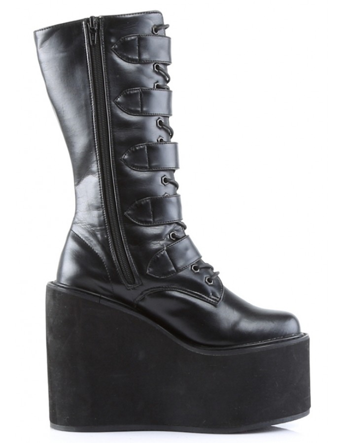 Buckled Lace Up Front Womens Platform Mid Calf Boot - Demonia Swing Boots