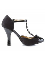 Smitten Button T-Strap Black Suede Pump