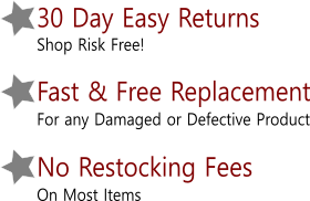30 day returns, damage replacement, no restocking fees